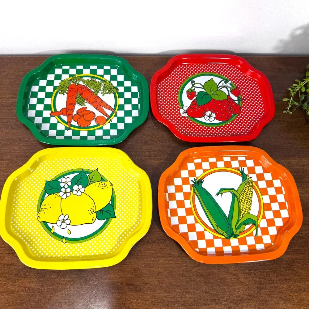 Vintage Giftco Small Rectangular Tin Trays Lot of 4 Fruits & Vegetables Retro